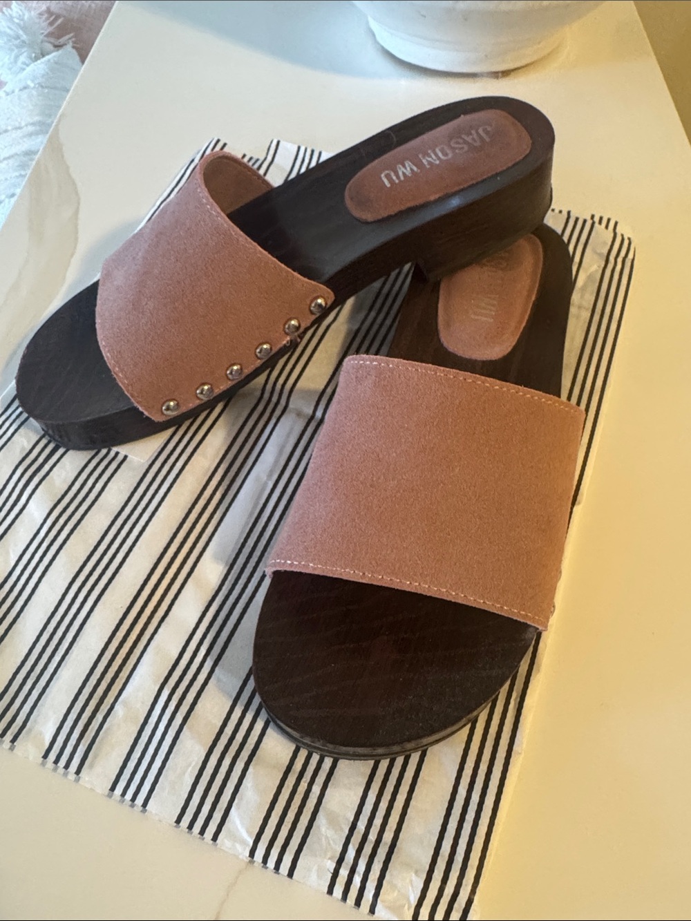 Jason Wu Pink Suede Slide Sandals with Stud Accents